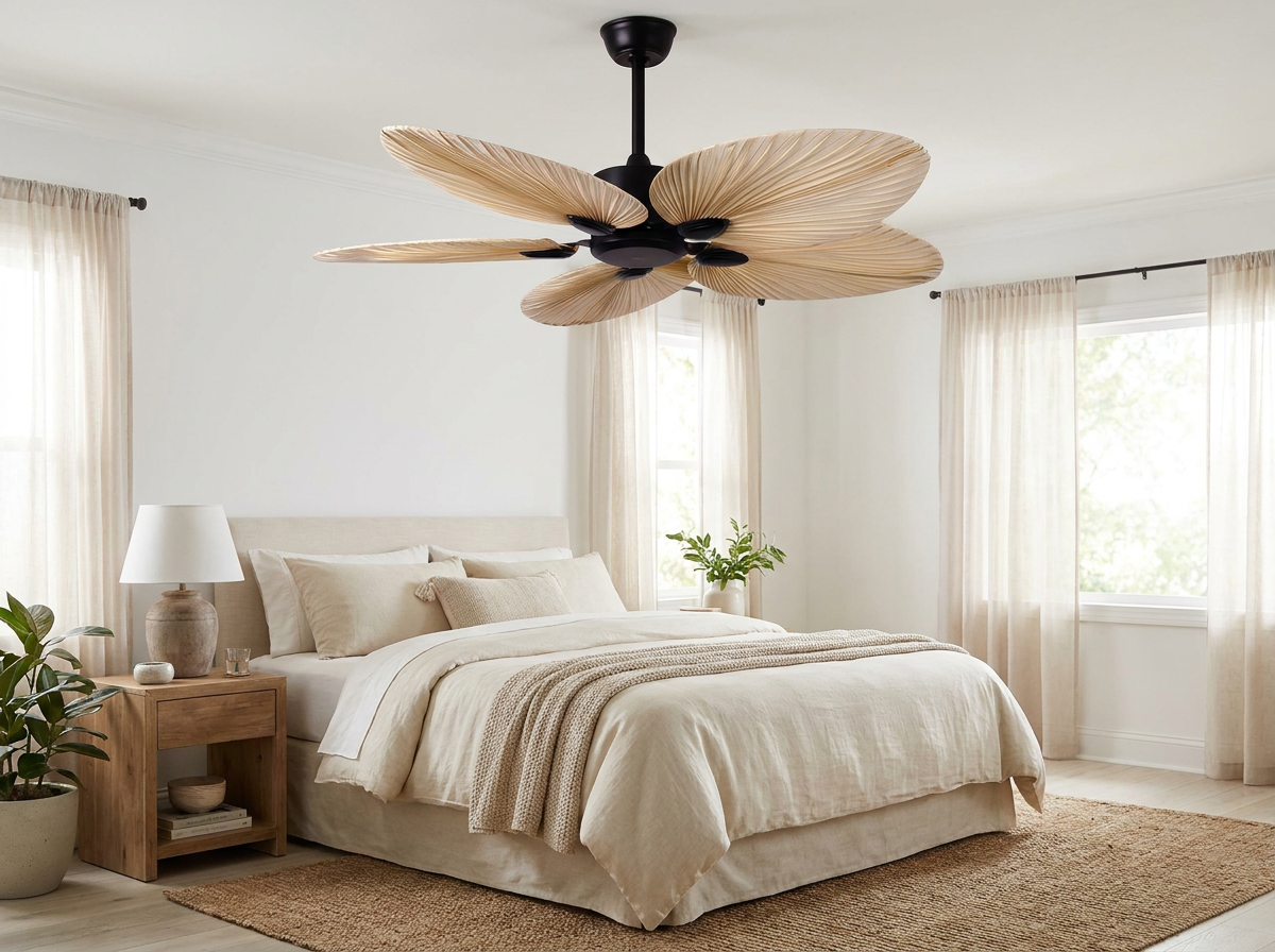 Palm leaf ceiling fan in bedroom