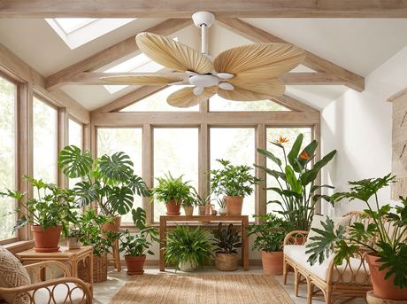 Palm leaf ceiling fan in sunroom