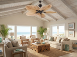Palm leaf ceiling fan in coastal great room