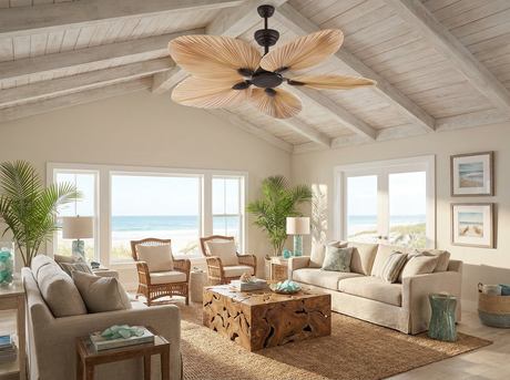 Palm leaf ceiling fan in coastal great room