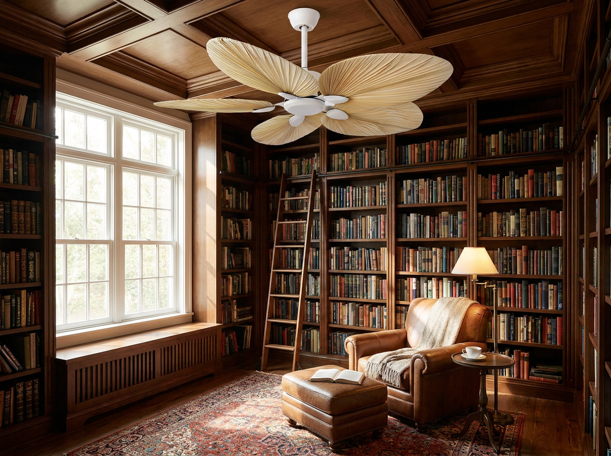 Palm leaf ceiling fan in home library