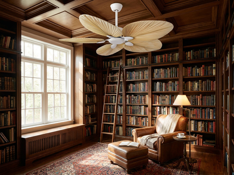 Palm leaf ceiling fan in home library