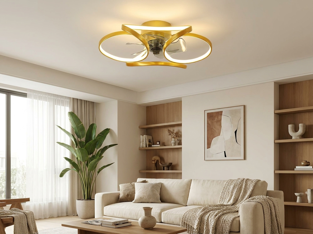 Gold flower ceiling fan in modern living room
