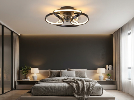 Black flower ceiling fan in contemporary bedroom