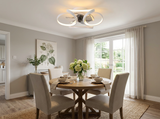 White flower ceiling fan above dining table