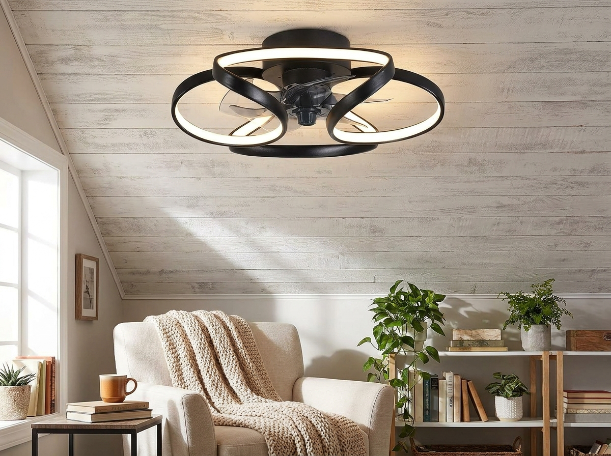 Flower ceiling fan in cozy reading nook