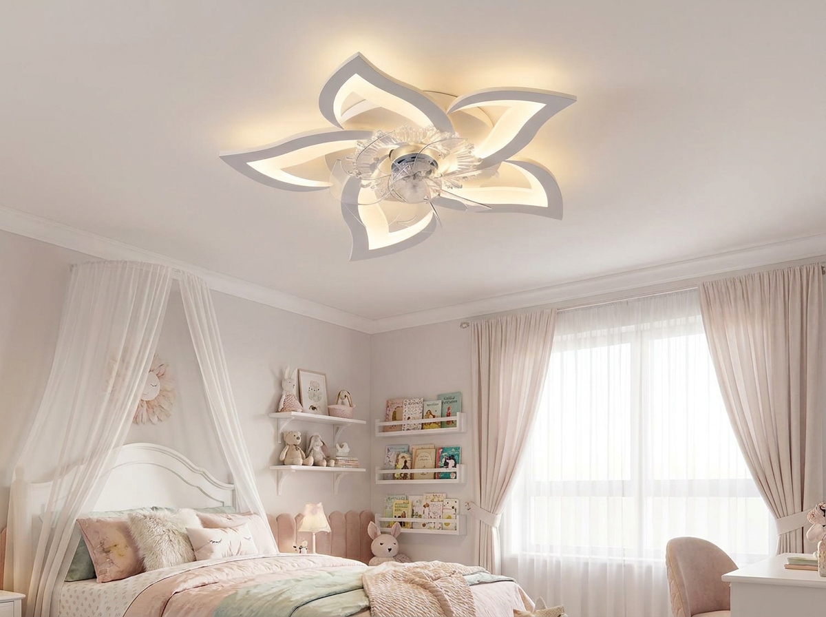 Decorative ceiling fan in girl's bedroom