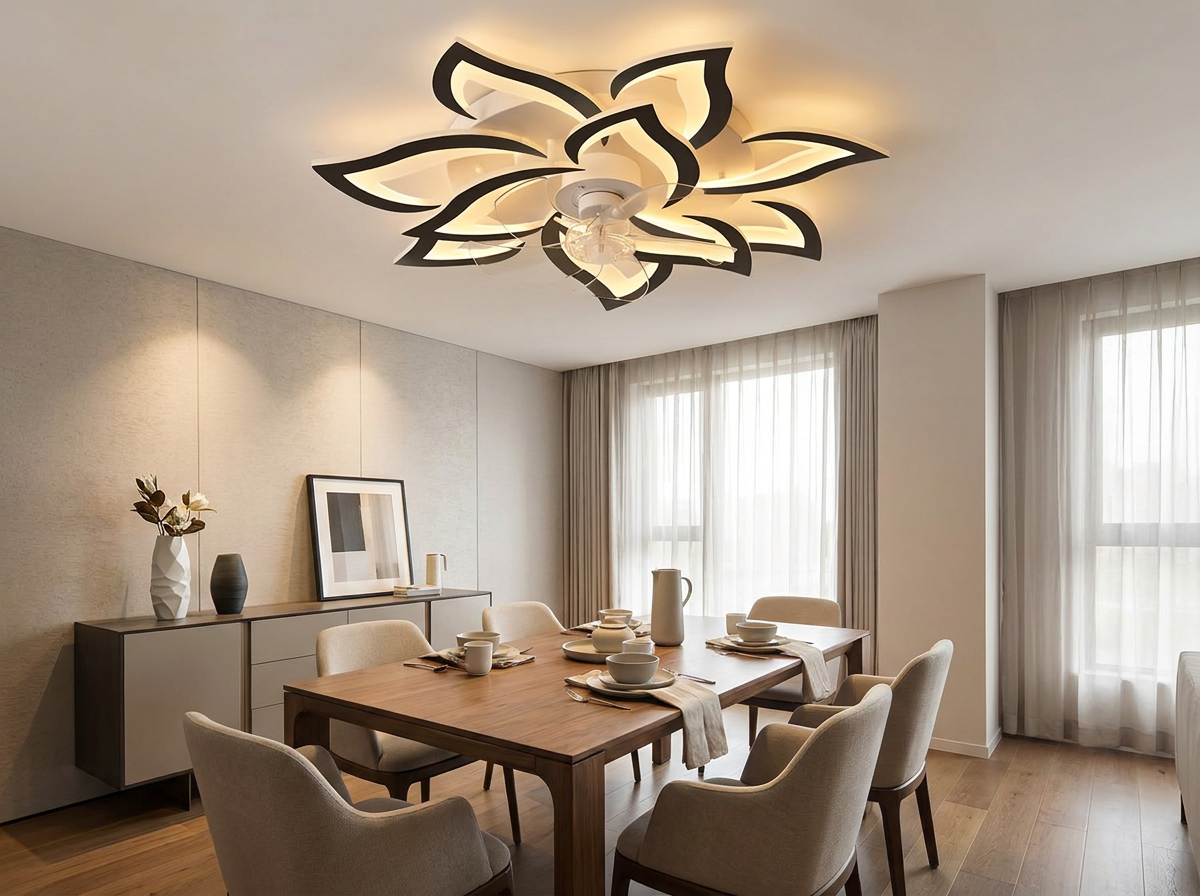 Decorative ceiling fan in contemporary dining room