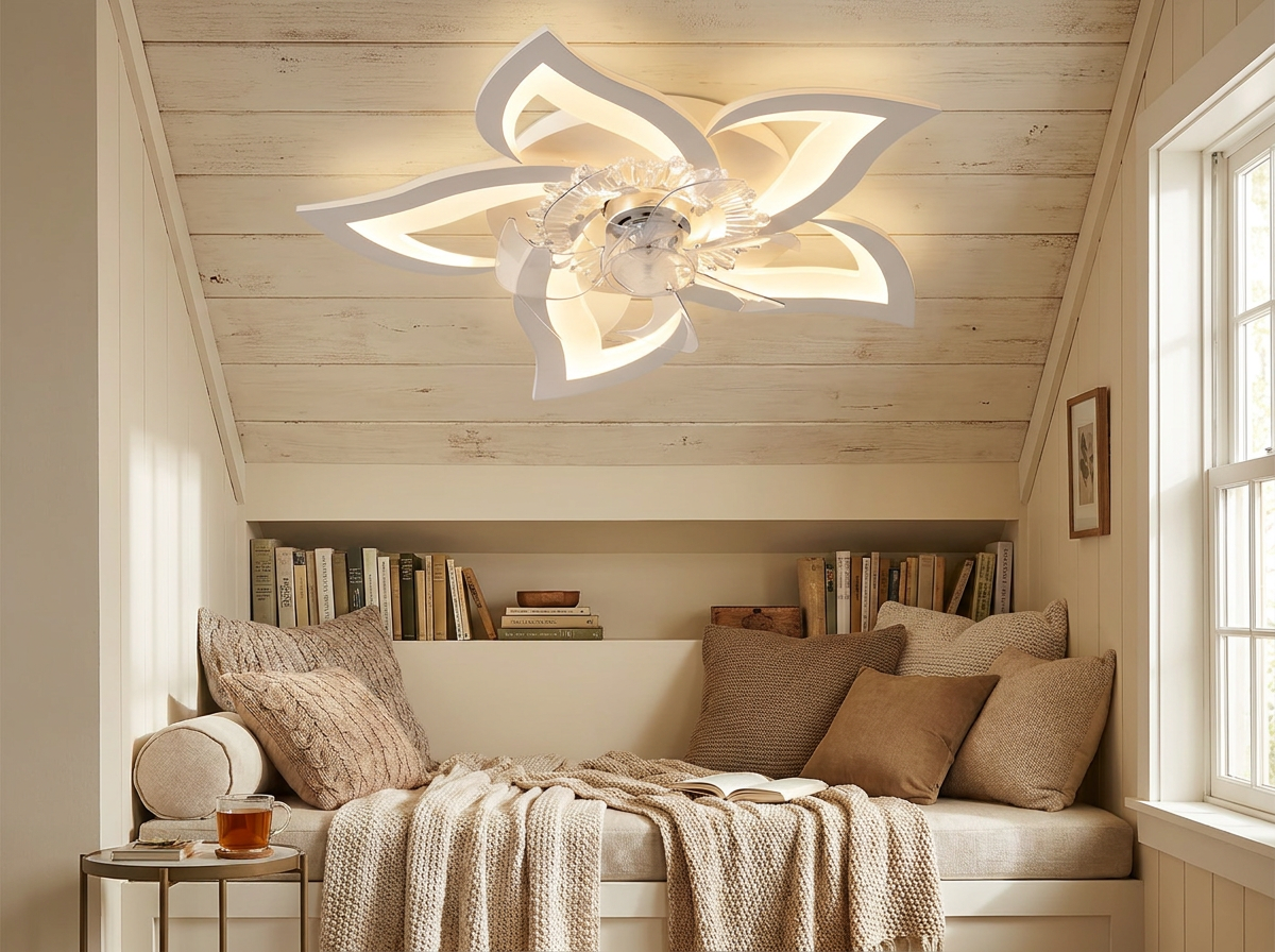 Decorative ceiling fan in cozy reading nook