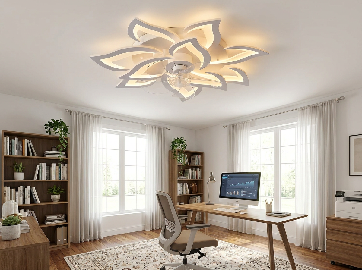 Decorative ceiling fan in bright home office