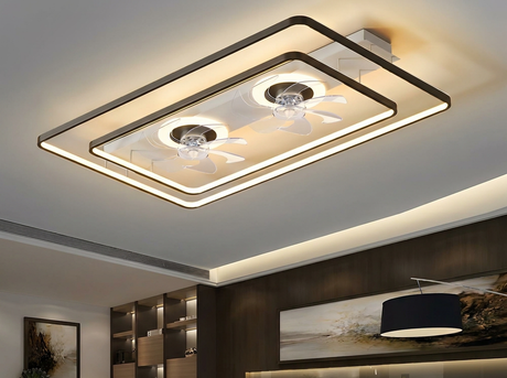 Dual head ceiling fan in modern living room