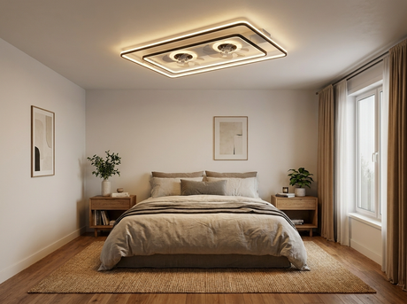 Dual head ceiling fan in low-ceiling bedroom