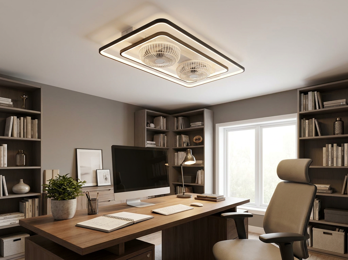 Dual head ceiling fan in home office