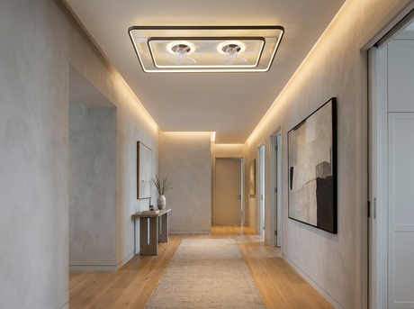 Dual head ceiling fan in contemporary hallway