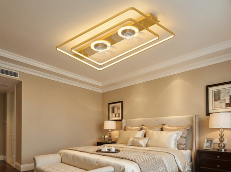Dual head ceiling fan in elegant master bedroom