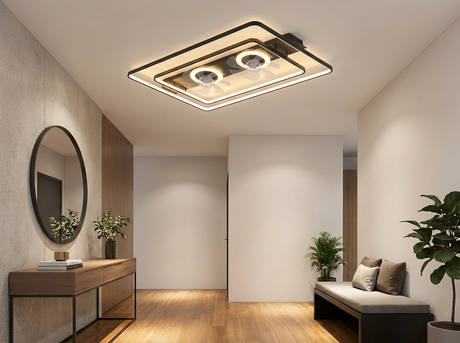 Dual head ceiling fan in modern entryway