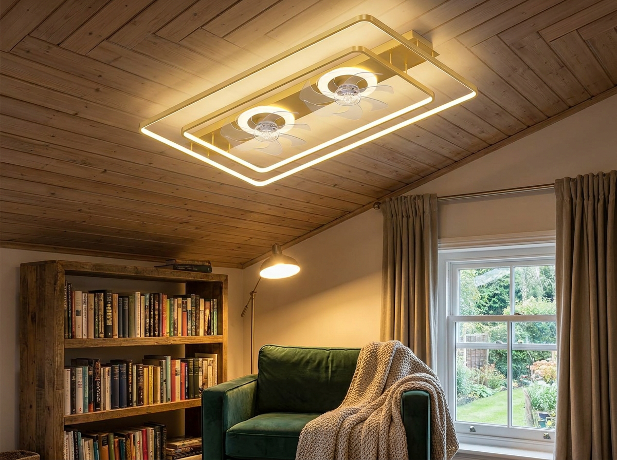 Dual head ceiling fan in cozy reading room