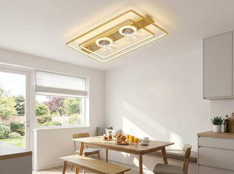 Dual head ceiling fan in bright kitchen dining nook