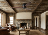 Natural wood ceiling fan in rustic living room