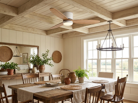 Natural wood ceiling fan in farmhouse dining room