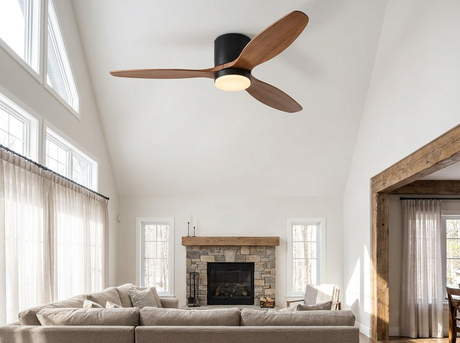 Natural wood ceiling fan in modern great room