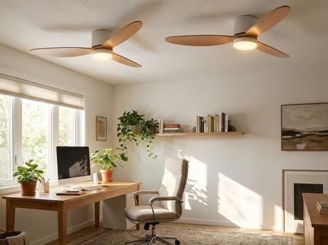Natural wood ceiling fan in home office