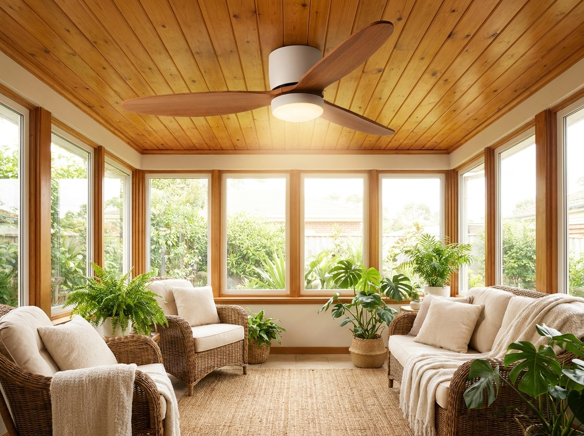 Natural wood ceiling fan in sunroom