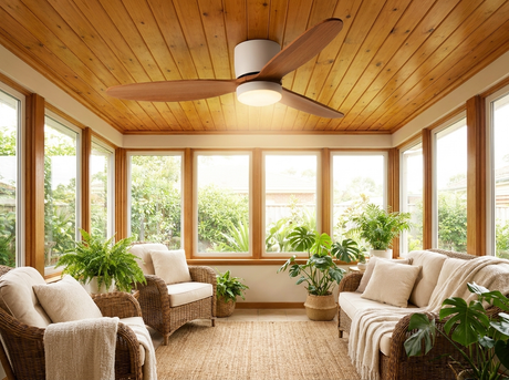 Natural wood ceiling fan in sunroom