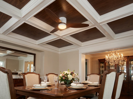 Natural wood ceiling fan in elegant dining room