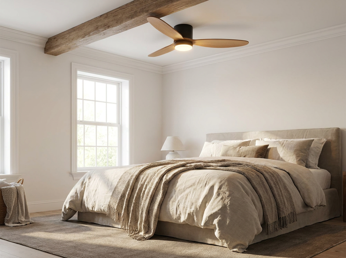 Natural wood ceiling fan in master bedroom
