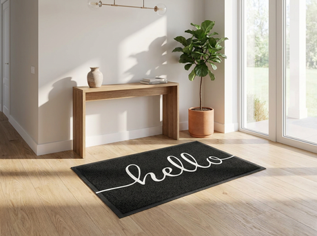 Decorative floor mat in a modern front entryway