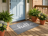 Decorative floor mat by a front door on a covered porch