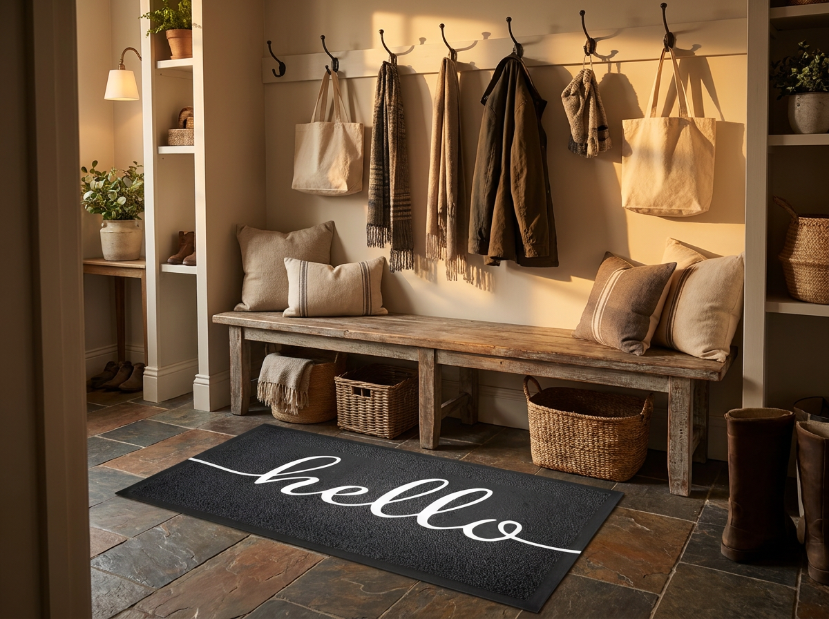 Decorative floor mat in a cozy mudroom