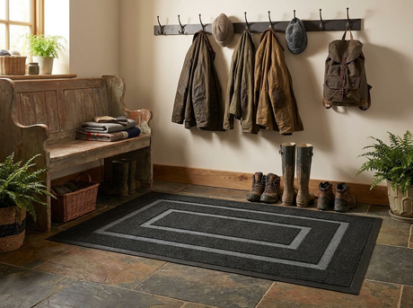 Dirt-trapper mat in a mudroom