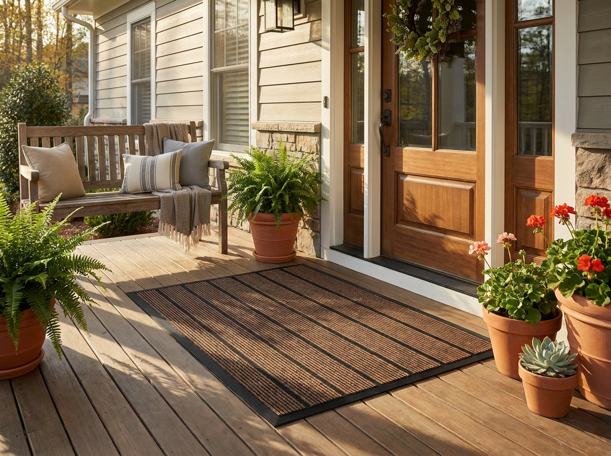 Striped outdoor door mat on a covered front porch