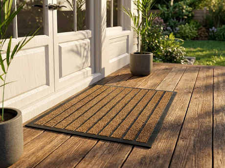 Striped outdoor door mat at a back door