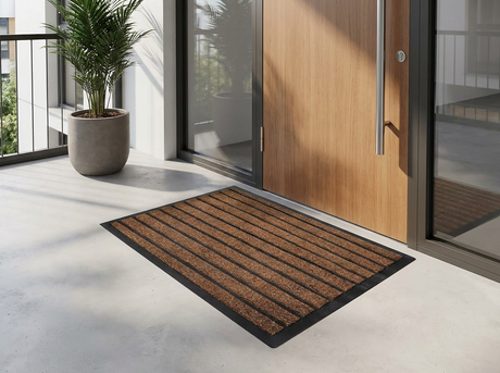 Striped outdoor door mat at an apartment entrance