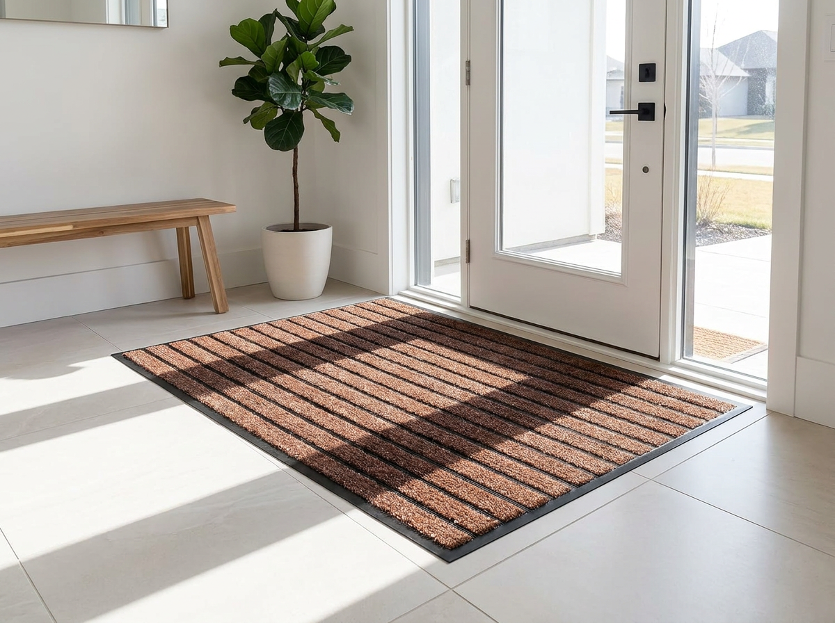 Striped outdoor door mat at a modern entryway