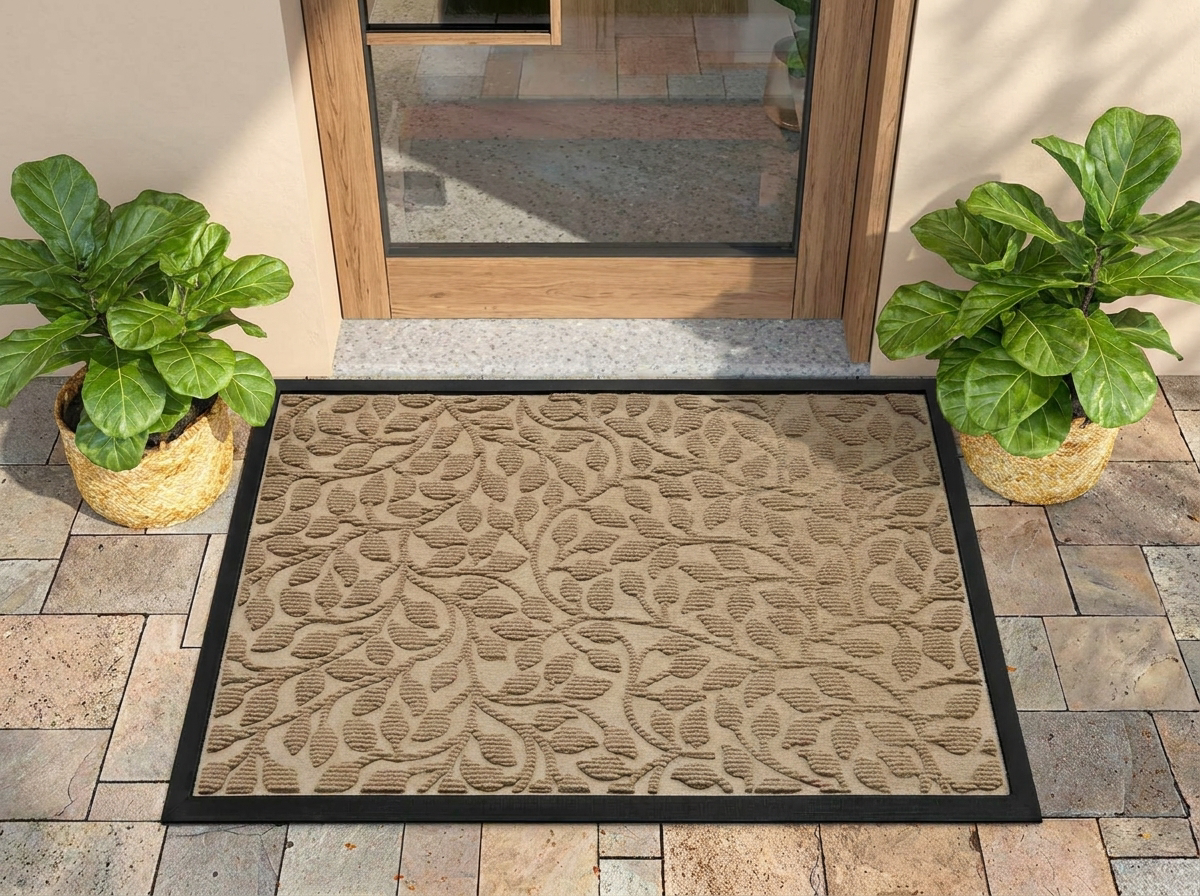 Polyester outdoor door mat at a front door entrance