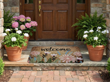 Daisy welcome mat at a charming front door entrance
