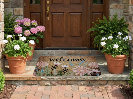 Daisy welcome mat at a charming front door entrance