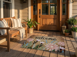 Daisy welcome mat on a covered front porch