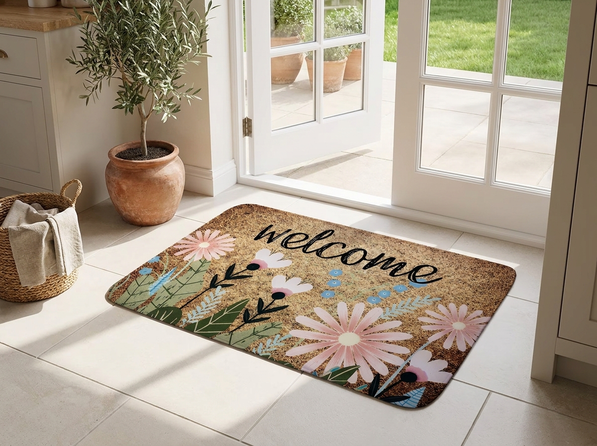 Daisy welcome mat at a bright kitchen entrance