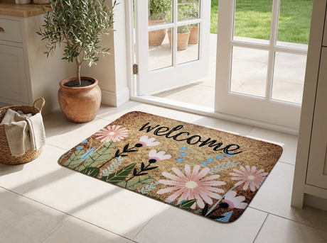Daisy welcome mat at a bright kitchen entrance