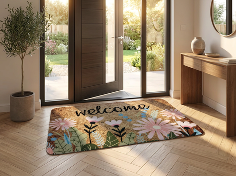 Daisy welcome mat just inside a modern entryway