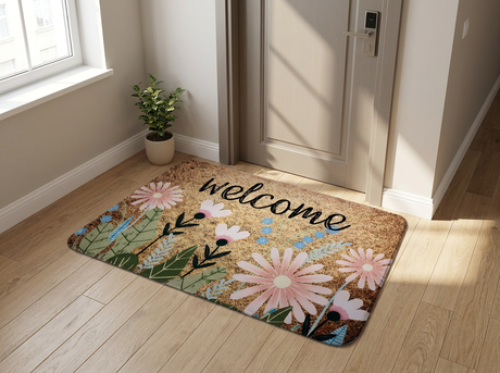 Daisy welcome mat at an apartment entrance