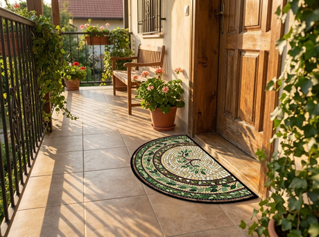 Half-moon mosaic vine rug on a covered front porch