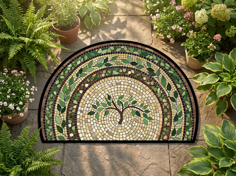 Half-moon mosaic vine rug on a patio by a garden
