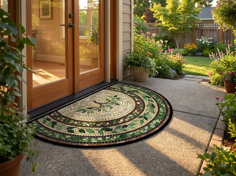 Half-moon mosaic vine rug at a back door