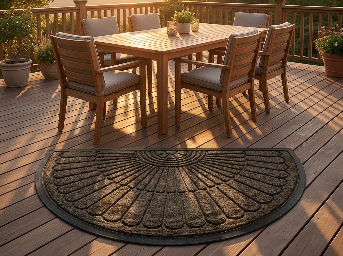 Outdoor rug on a wooden deck with a dining set